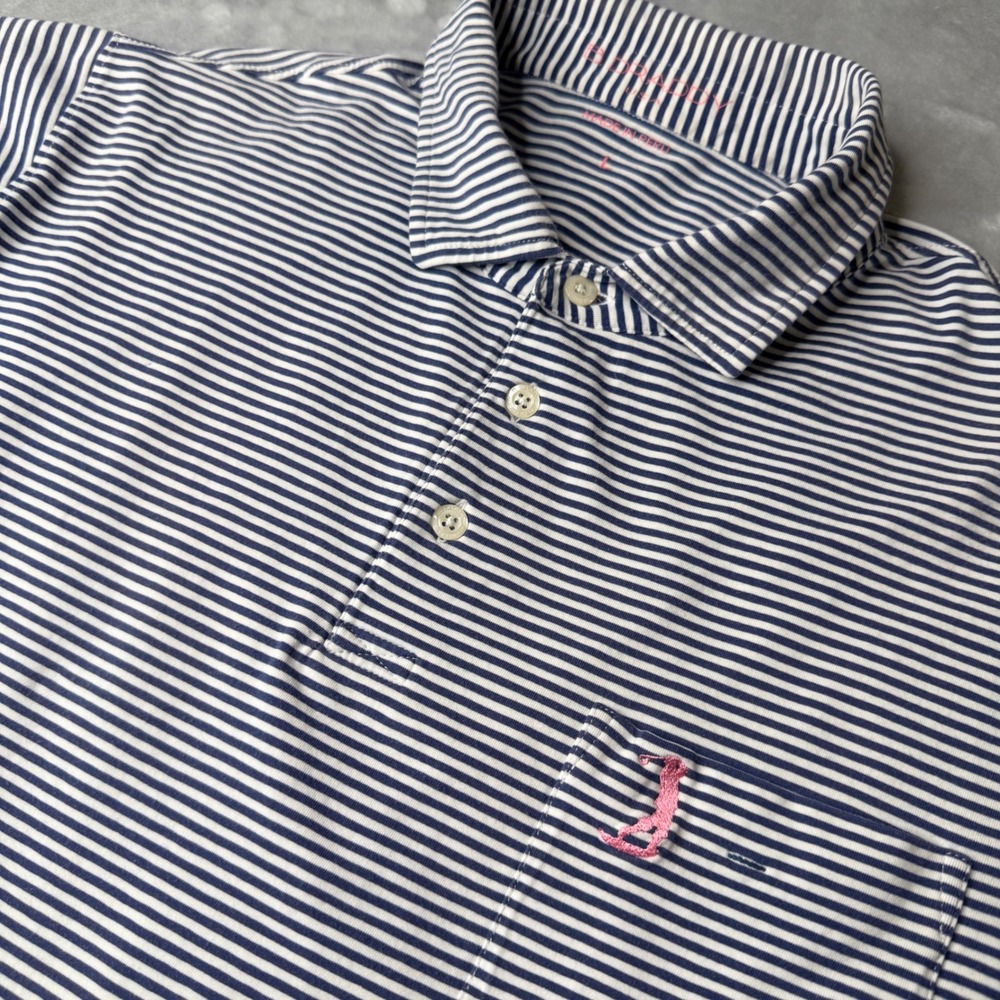 B. Draddy Mens Large Polo Shirt Blue White Striped Pima Cotton